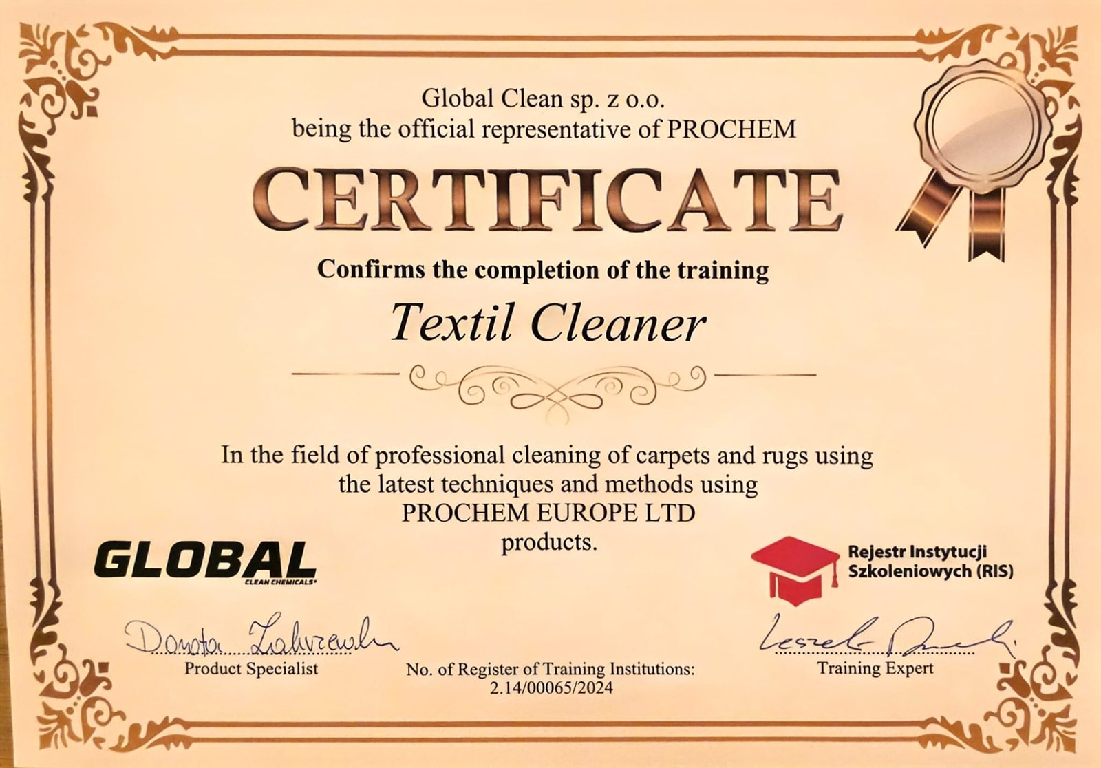 Certificat-textilcleaner-nettoyage Certificat-textilcleaner-nettoyage
